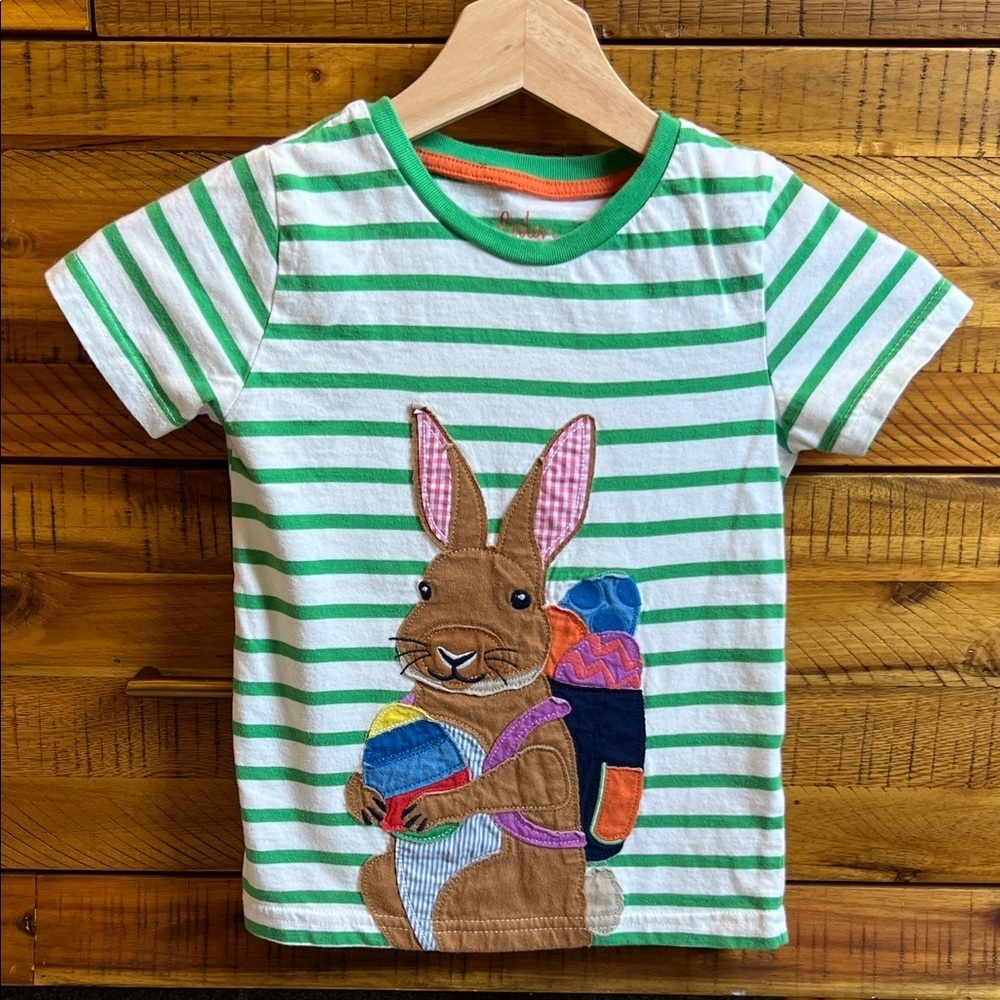 Mini Boden Green Striped Kids Shirt with Bunny Design